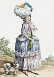 Voysardによって刻まれた彼女の犬を散歩する女性、「Galeries des Modes et Costumes Francais」c.1778-87 99：衣類。伝統的なドレス;伝統的な衣装;ファッション;光る